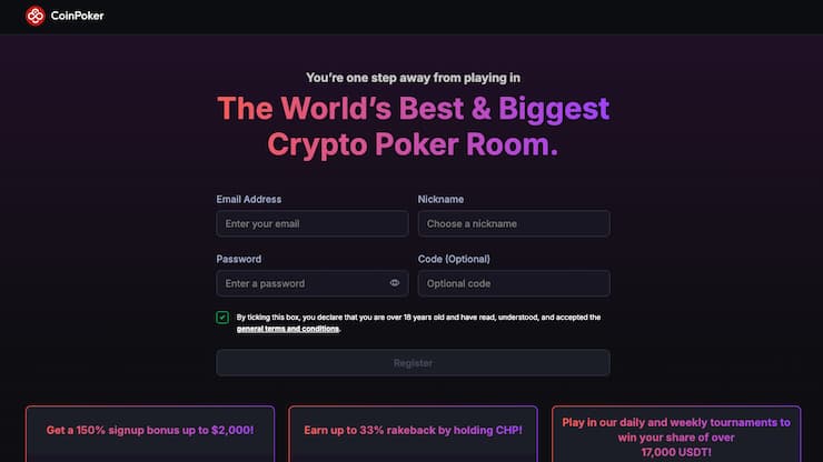 A view of the sign-up screen at CoinPoker, one of the top poker apps.